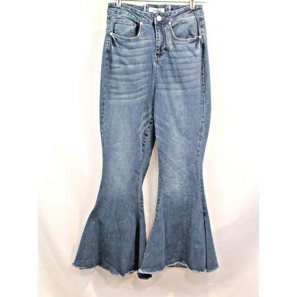 Arula Jeans 70s Super Flare Tie Back Womens size 10 Blue Stretch Denim Raw Hem - Picture 1 of 8